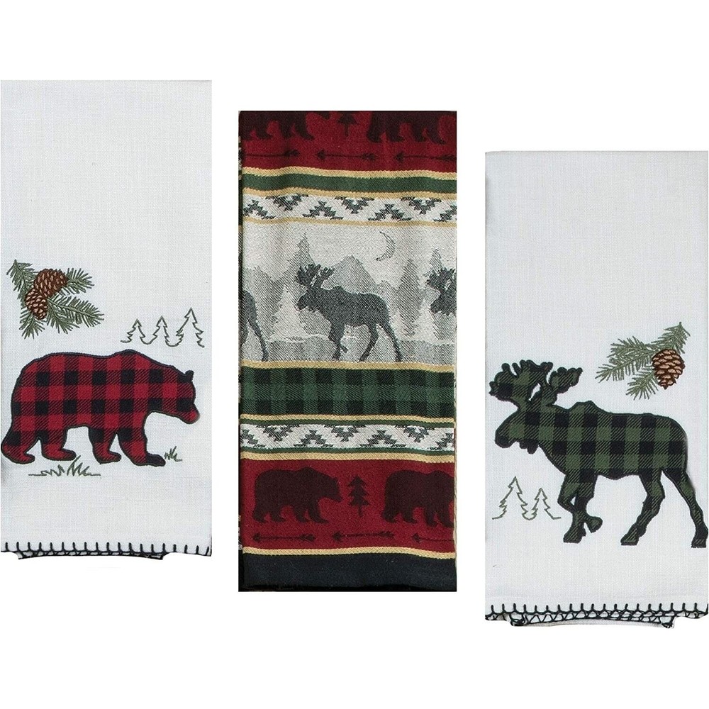 3 Cabin Lodge Themed Decorative Kitchen Towels Set-Bear & Moose Print